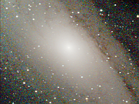 M31  Andromeda Galaxy. Taken at the cabin on 09/13/05. Orion ED80, DSI-C camera.  45 seconds/frame, 5 images. Polar mount, unguided. Picture was an experiment that happened to turn out well despite the short exposure time. This was "first light" picture for the Orion ED80.