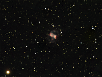 M76  Planetary nebula in Perseus. Taken at home on 12/13/07. Meade RCX400 10" scope, ST-10 XME camera. 120 seconds/frame, total time 120 minutes (LRGB=60:20:20:20). This was first light for the ST-10 XME camera.