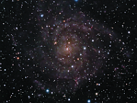 IC 342  Hidden Galaxy. Taken at home on 01/04/11 and 01/07/11.  RCX400 scope, ST-10XME camera. 300 seconds/frame, total time 285 minutes. (LRGB=200:25:30:30). The galaxy is located close to the equatorial plane of the Milky Way.  As a consequence it heavily is obscured by dust in the Milky Way.  In fact it is in a galaxy group that wasn't discovered until 1968 because of this dust!